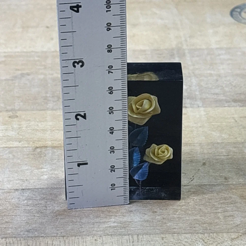Vintage Lucite Pin Holder Yellow Rose Embedded Desk Vanity Display Decor